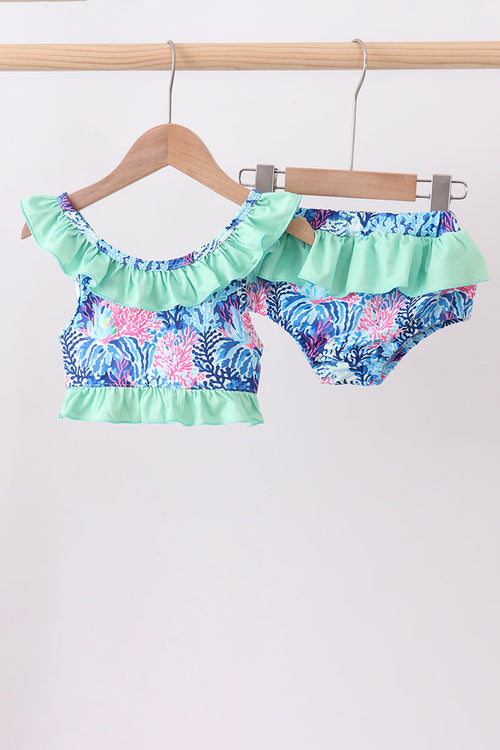 Blue marine creature print ruffle 2pc swimsuit