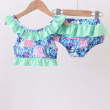 Blue marine creature print ruffle 2pc swimsuit