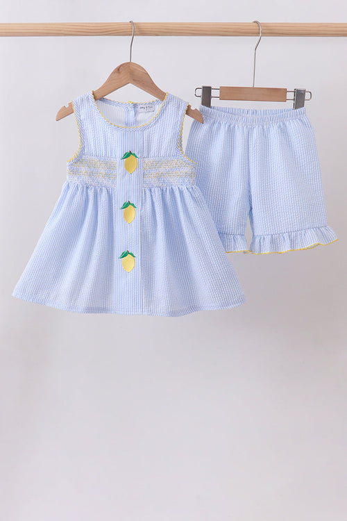 Blue lemon embroidery seersucker ruffle shorts set