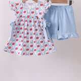 Blue flag print ruffle shorts set