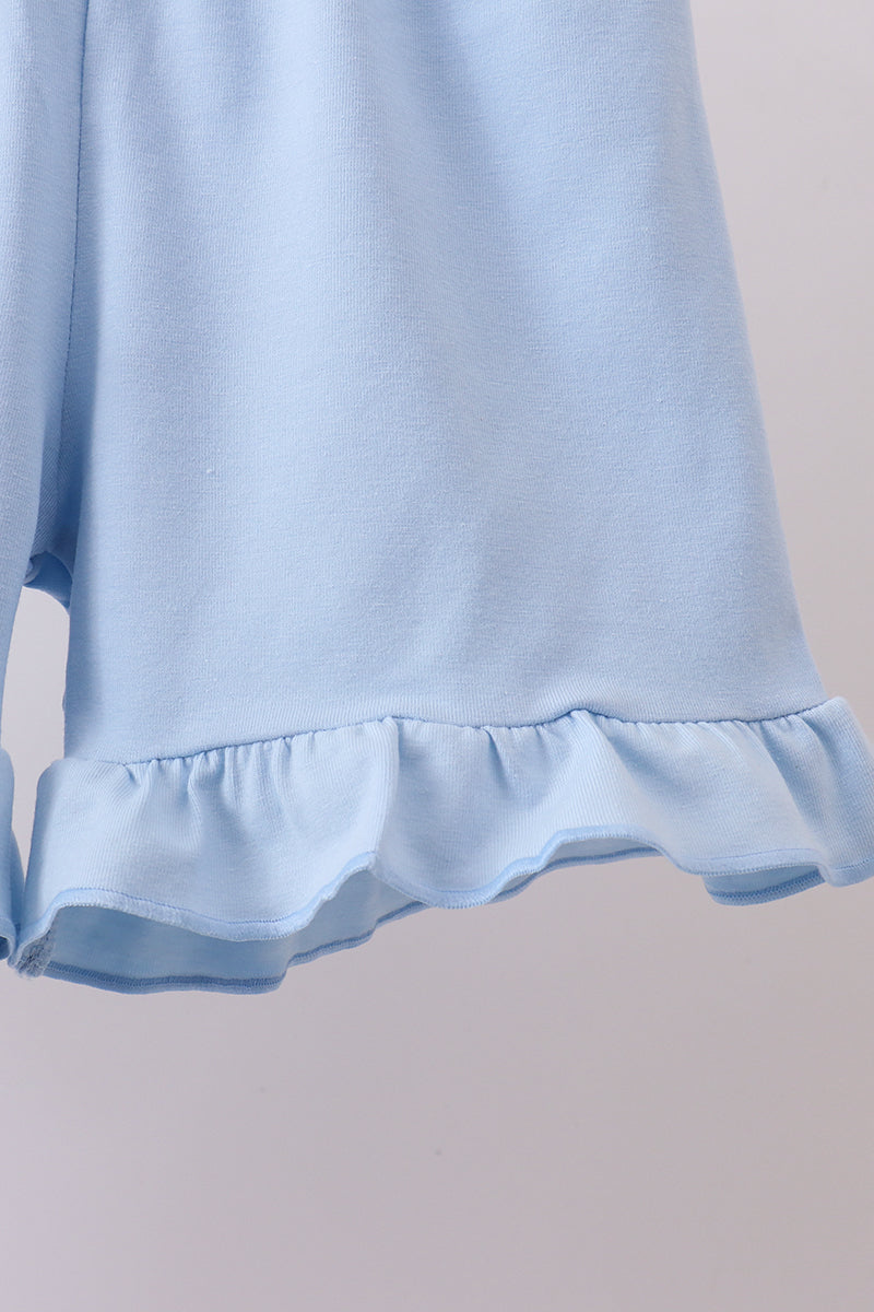 Blue flag print ruffle shorts set