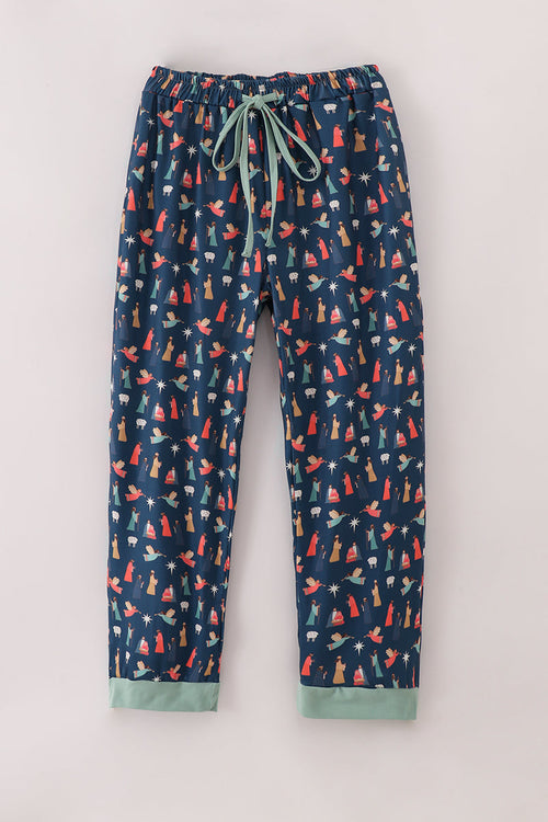 Navy nativity print mom pajamas pants