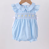 Blue floral smocked jacquard ruffle bubble