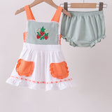Sage strawberry embroidery ruffle bloomer set